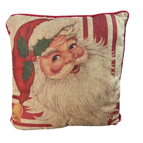 Christmas Pillow With Vintage Santa Claus Print 20"x20" Red & Beige Holiday Deco - Picture 1 of 7